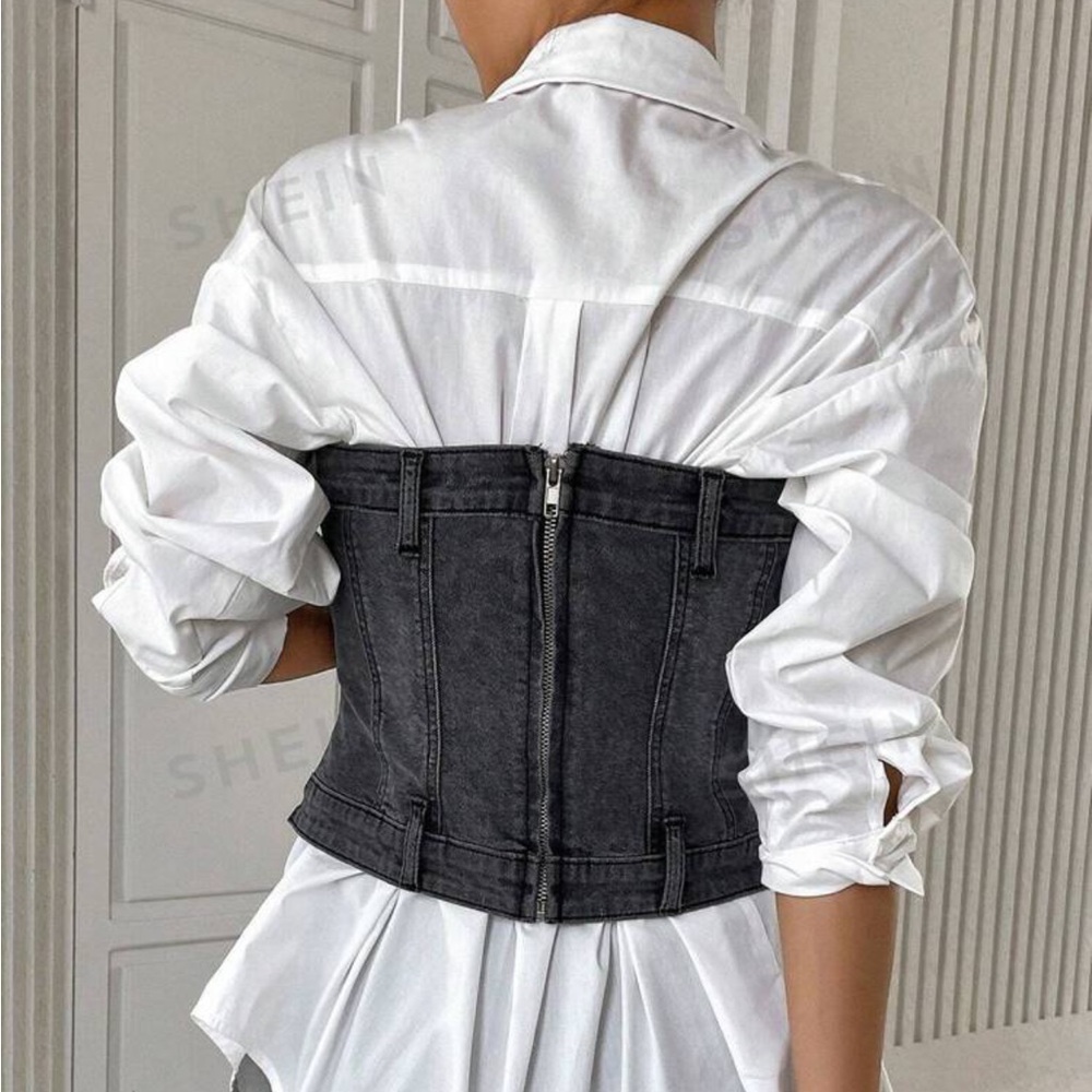 Solid Button Front Tube Denim Top Without White B… - image 3